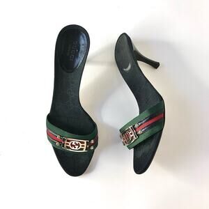 Vintage Gucci GG Supreme Web Stripe Monogrammed Mules Slip On Sandals 6.5